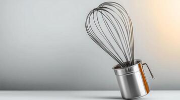 Silver whisk leaning in a metal container on a smooth surface with a soft gradient background photo