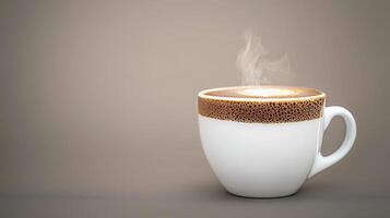 Steaming cup of coffee with intricate latte art against a soft, neutral background photo