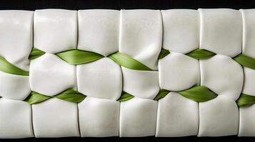 Close-up of a beautifully designed fabric with white and green elements, showcasing intricate patterns photo