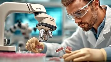 Scientist examining samples under a microscope in a lab with advanced equipment and research in progress photo