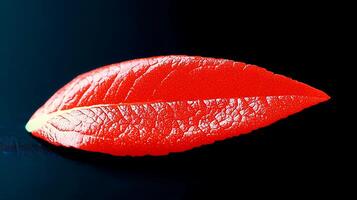 Vibrant red leaf resting on a dark surface, highlighting its intricate texture and color photo
