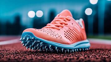 Close-up of a vibrant orange track shoe with spikes on a running track at dusk photo