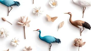 Colorful paper cranes and flowers arranged on a white background, showcasing artistic design photo
