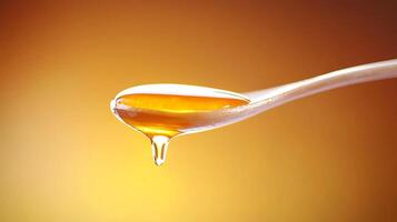 Close-up of honey dripping from a spoon against a warm golden background, highlighting texture photo