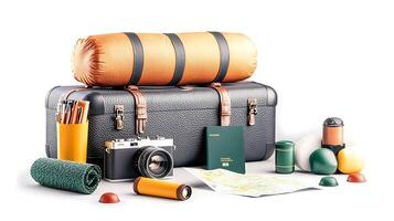 Vintage travel setup featuring a suitcase, camera, and camping gear with a map and passport photo