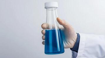 Scientist holding a laboratory flask filled with blue liquid, with a sterile background photo