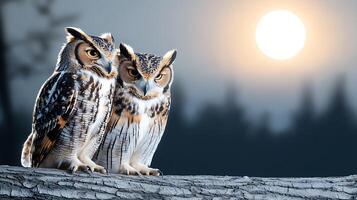 Two majestic owls perched on a branch under a full moon, surrounded by a serene forest backdrop photo