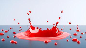 Vibrant red paint splash on a smooth surface with droplets scattered, ideal for creative projects photo