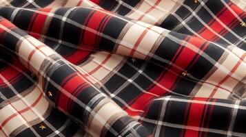 Close-up view of a folded plaid fabric showcasing intricate patterns and colors, ideal for textile design photo