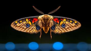 Close-up view of a colorful moth in flight against a blurred blue background at night photo