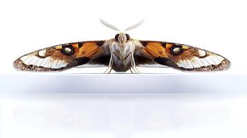 Close-up view of a colorful moth perched on a clean surface, showcasing intricate wing patterns photo