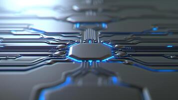 Close-up view of a futuristic circuit board with glowing blue lines and intricate patterns photo