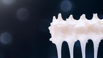 Close-up of whipped cream dripping from a whisk against a blurred dark background photo