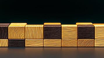 Close-up of wooden blocks arranged in a row showcasing various textures and colors photo