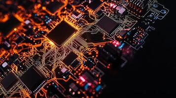 Close-up view of a circuit board with glowing connections and intricate components at night photo