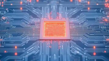 Close-up view of a glowing microchip on a circuit board with intricate electronic connections photo