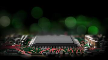 Close-up view of a microchip on a circuit board with blurred green lights in the background photo