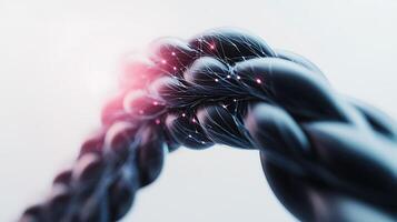 Close-up view of a braided black rope with glowing particles against a soft gradient background photo