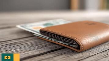 Close-up view of a brown wallet with cash resting on a wooden table, showcasing simplicity and style photo