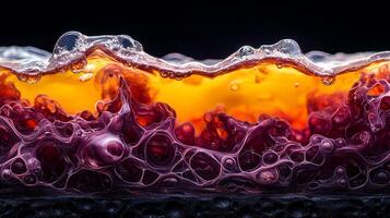 Close-up of vibrant liquid layers showcasing bubbles and textures in a dark setting photo