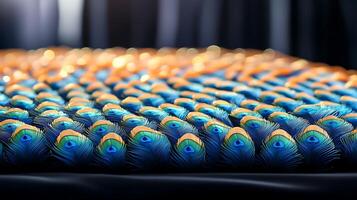 Close-up of vibrant peacock feathers arranged in a stunning display, showcasing their intricate patterns photo