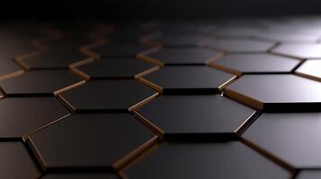 Close-up view of a hexagonal tile pattern with a sleek metallic finish in a dimly lit environment photo
