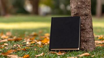 A black notebook resting against a tree trunk in a park surrounded by autumn leaves photo