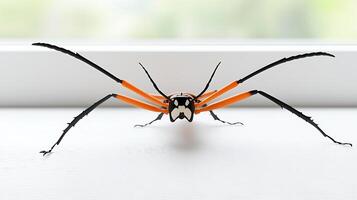 Close-up view of a brightly colored spider with elongated legs on a windowsill, showcasing intricate details photo