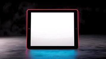 A blank digital tablet illuminated with a glowing edge, set against a dark smoky background photo
