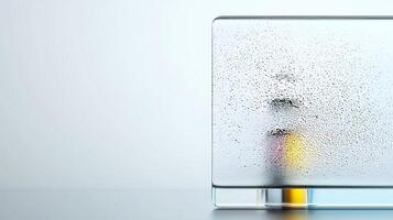 A blurred glass block with condensation, showcasing a colorful beverage behind it on a table photo