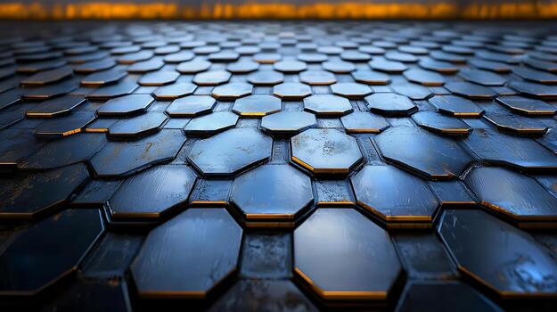 Close-up view of a textured hexagonal tile floor with reflections, showcasing industrial design elements photo