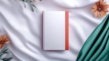 A blank book lies on a soft, flowing fabric surrounded by flowers and greenery photo
