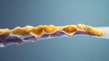 Close-up view of a translucent slice of honeycomb showcasing its intricate structure and texture photo