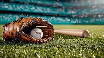 A close-up of a baseball glove and ball on a lush green field with a blurred stadium background photo