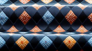 Close-up view of a patterned fabric showcasing vibrant geometric designs in rich colors photo