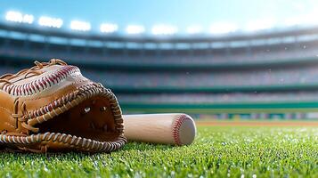 A close-up of a baseball glove and bat on a lush green field with an empty stadium in the background photo