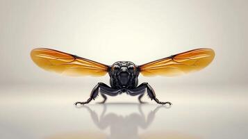 Close-up view of a stylized insect with transparent wings on a smooth surface, showcasing intricate details photo