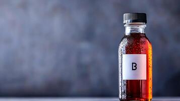 A close-up of a bottle filled with a dark liquid, labeled 'B', set against a textured gray background photo