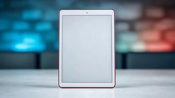 A blank tablet device positioned on a table with a blurred colorful background, ideal for tech showcases photo