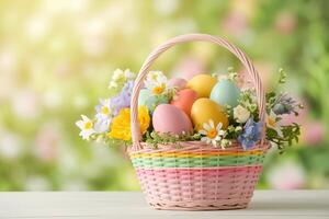 Vibrant Easter Egg Hunt Scene with a Decorative Basket and Blooming Flowers photo
