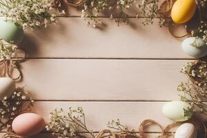 Minimalist Easter Aesthetic with Wooden Textures, Twine, and Delicate Flowers photo