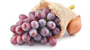 A cluster of fresh, ripe grapes wrapped in burlap, showcasing their vibrant color and texture photo