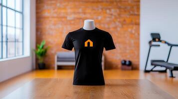 Black t-shirt displayed on a wooden table in a modern interior with brick walls and gym equipment photo