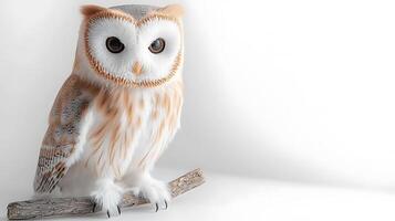 Realistic depiction of a perched owl with detailed feathers on a minimalist background photo