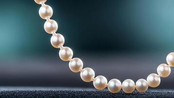 Close-up of a delicate pearl necklace elegantly displayed on a textured surface, with a soft-focus background photo