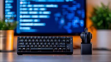 Modern keyboard and headset setup on a desk with a blurred computer screen in the background photo