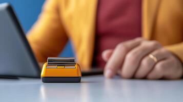 Close-up of a vibrant yellow stapler on a desk with a person working on a laptop in the background photo