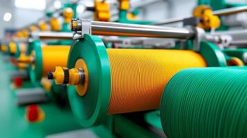Close-up view of vibrant spools of thread on a textile production line in a factory setting photo