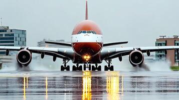 Large passenger airplane taking off in rainy weather with reflections on wet runway photo
