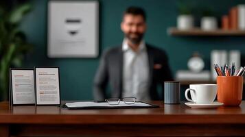 Professional man in a stylish office setting with documents and coffee cup on desk photo